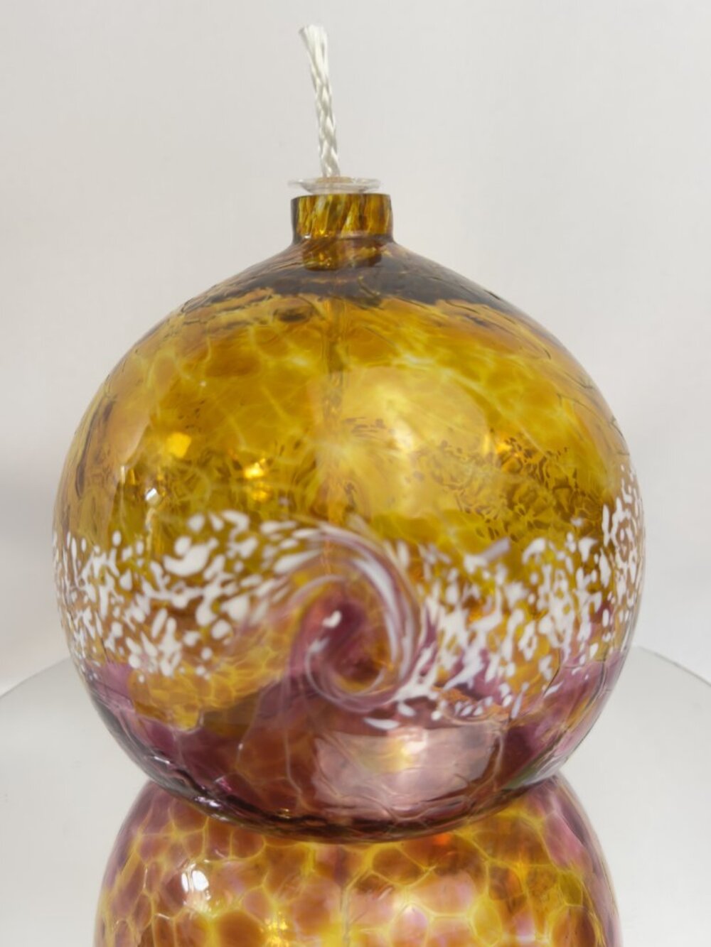 Hand Blown Art Glass Oil Lamp – Amber & Purple Swirl Globe Made in Canada 5”